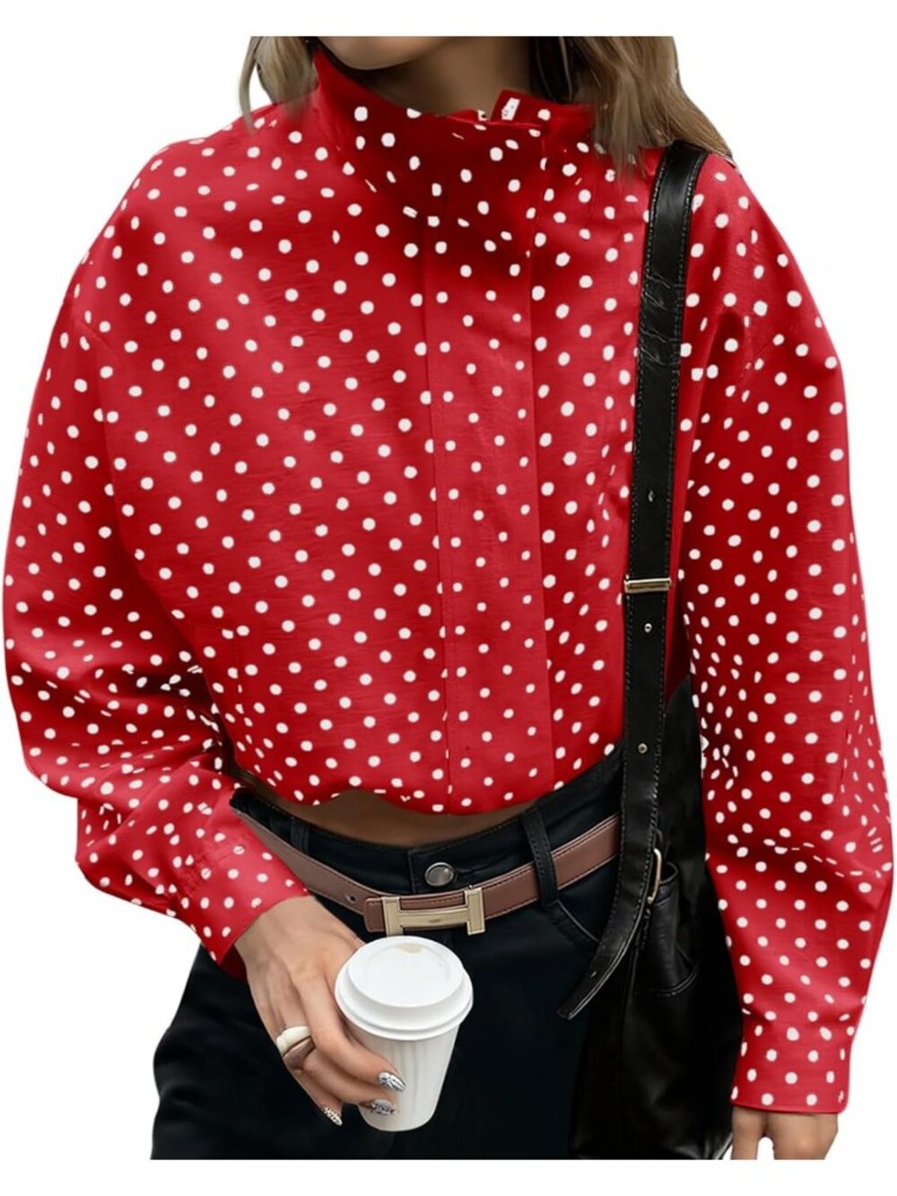 Women’s Red Polka Dot Lightweight Lapel Collar Coat ZIP Up Cropped Jacket
